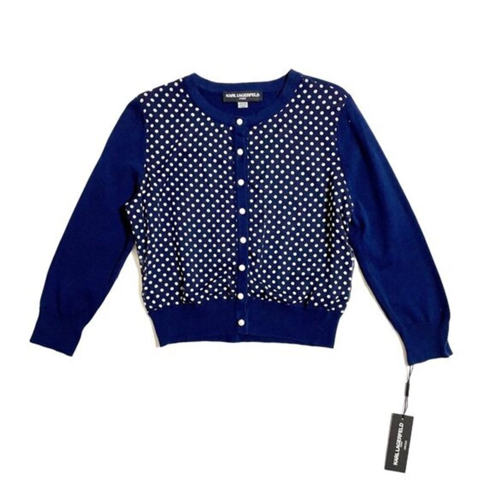 Karl Lagerfeld Cardigan polka Dot Chiffon & Knit Pearl Buttons Sz S NWT $79